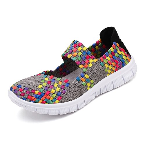 

Dame Slip-Ons Flettede sandaler Daglig Sommer Flade hæle Rund Tå Afslappet Gang Nylon Hjemmesko Farveblok Flettet Sort Lys Lyserød Gul