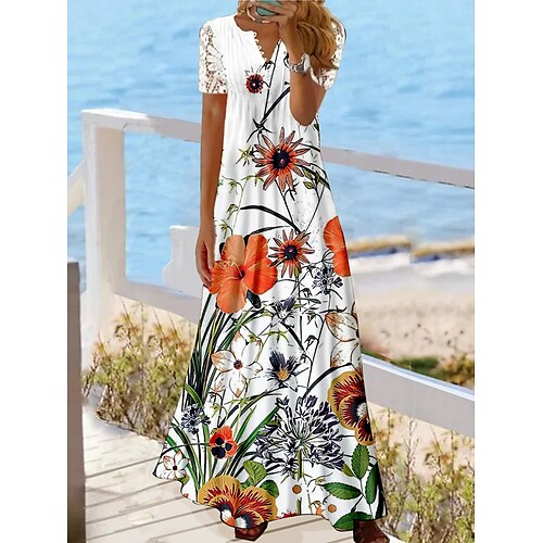 

Dame Lang kjole Maxikjole Kjole med A-linje Print kjole Vårkjole Blomstret Mote Romantikk Daglig Ferie Strand Blonde Rynket Kortermet V-hals Kjole Normal Lys Rosa Hvit Gul Sommer Vår S M L XL XXL