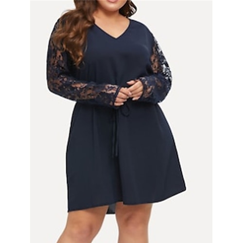 

dame plus size fritidsgenser kjole farge blokk blonder midi genser kjole langermet blonder blonder v-hals mote utendørs dyp blå sommer vår l xl xxl 3xl 4xl