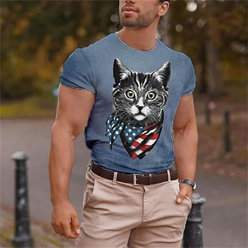 

Herre T skjorte T-skjorter Grafisk Katt Crew-hals Klær 3D-utskrift utendørs Avslappet Kortermet Trykt mønster Årgang Mote Designer