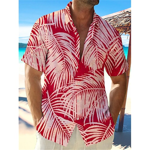 

Herren Hemd Hawaiihemd Sommerhemd Grafik-Drucke Blätter Umlegekragen Rote Strasse Casual Kurze Ärmel Button-Down Bedruckt Bekleidung Leinen Tropisch Modisch Strassenmode Hawaiianisch