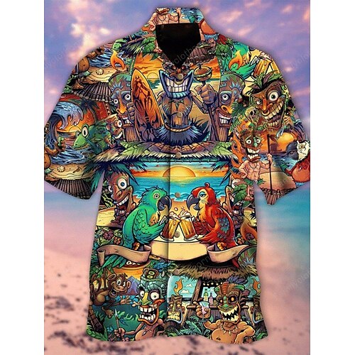 

Men's Shirt Summer Hawaiian Shirt Graphic Prints Parrot Cuban Collar Green Casual Hawaiian Short Sleeve Print Clothing Apparel Sports Fashion Streetwear Designer