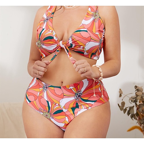 

2 pcs Badetøj Bikini Plus Størrelser 1980erne Højtaljede Dame Blomstret polyester Orange BH Underbukser