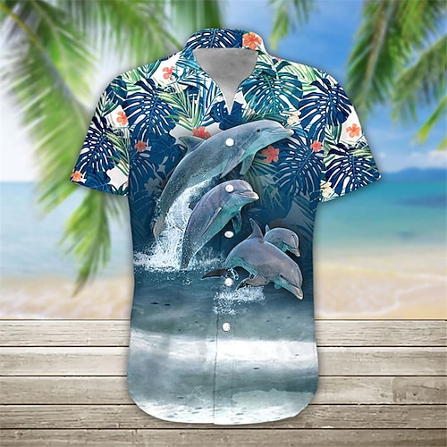 

Homens Camisa Social Camisa havaiana Estampas Abstratas Golfinho Folhas Aberto para a Lateral Azul Rua Casual Manga Curta Botão para baixo Imprimir Roupa Tropical Moda Roupa de rua Havaiana