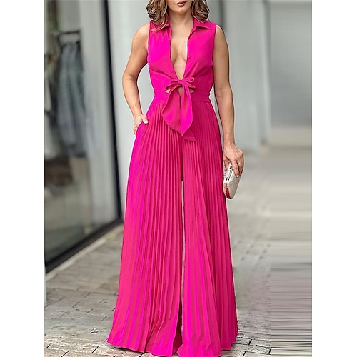 

Combinaison Femme Plissé Poche Couleur unie V Profond Vêtement de rue Bureau Plein Air Standard Sans Manches Fuchsia S Eté