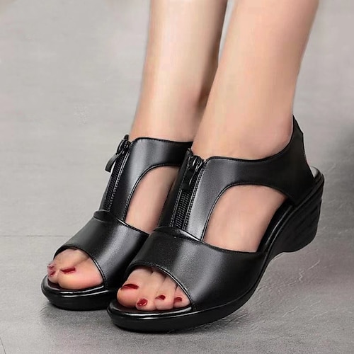 

Damen Sandalen Sandalen mit Keilabsatz Keilabsatz Peep Toe Brautkleider schlicht PU Leder Reißverschluss Schwarz