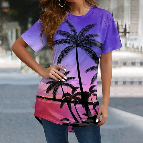 

T shirt Tee Femme Bleu Violet Vert Graphic Imprimer Manche Courte Vacances Fin de semaine Hawaïen Col Rond Longue Standard Fleur Peinture S