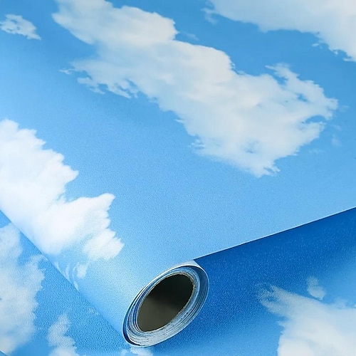 

1 rolo de papel de parede de vinil, papel de decoração de parede de céu azul e nuvens brancas, papel de parede à prova d'água autoadesivo para sala de estar, descasque e cole adesivos de parede,