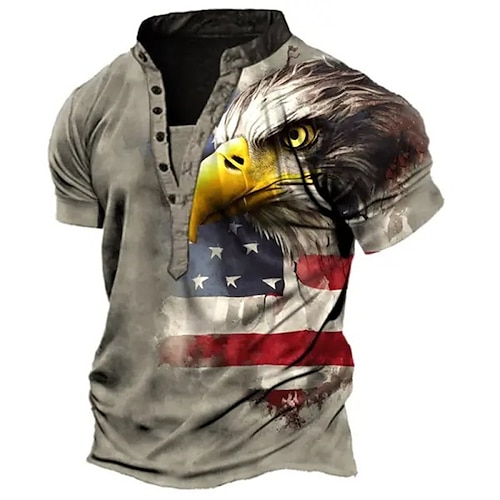 

Herre Henley-skjorte T-Shirts Grafisk Ørn Nationalflag Henley Tøj 3D-udskrivning udendørs Daglig Kortærmet Knap ned Trykt mønster Mode Afslappet Bekvem