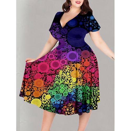

Dame Store størrelser Uformell kjole Kjole med A-linje Polkadotter Gradert Midikjole Kortermet Trykt mønster V-hals Elegant Ferie Lilla Sommer Vår L XL XXL 3XL 4XL