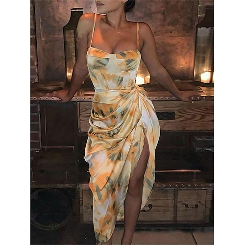 

Dame Festkjole Sexy kjole Solkjole Midikjole Gul Lyseblå Ermeløs Trykt mønster Rynket Sommer Vår Spagettistropper Mote Bursdag Bryllupsgjest Feriereise 2023 S M L XL 2XL 3XL