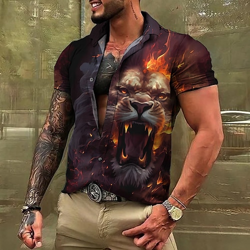 

Homens Camisa Social Camisa havaiana Animal Tigre Estampas Abstratas Aberto para a Lateral Amarelo Roxo Verde Cinzento Ao ar livre Rua Manga Curta Imprimir Roupa Moda Roupa de rua Designer Macia