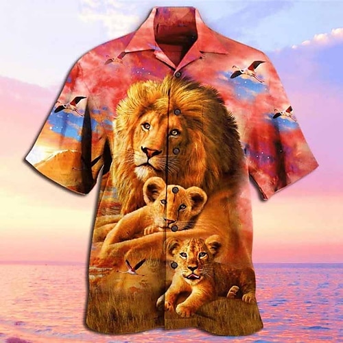 

Men's Shirt Summer Hawaiian Shirt Lion Graphic Prints Cuban Collar Pink Casual Hawaiian Short Sleeve Print Clothing Apparel Sports Fashion Streetwear Designer