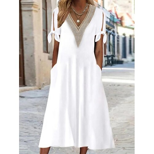 

Women's Casual Dress Cotton Linen Dress A Line Dress Midi Dress Cotton Blend Fashion Basic Outdoor Daily Vacation V Neck Patchwork Hollow Out Half Sleeve Summer Spring 2023 Regular Fit White Blue