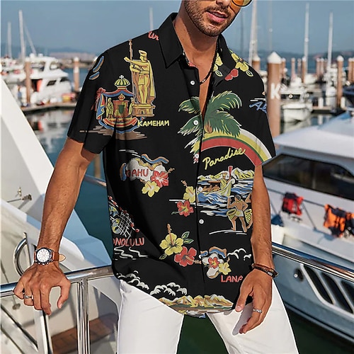 

Homens Camisa Social Camisa havaiana Coqueiro Estampas Abstratas Prédios Aberto para a Lateral Preto Azul Rua Casual Manga Curta Botão para baixo Imprimir Roupa Tropical Moda Roupa de rua Havaiana