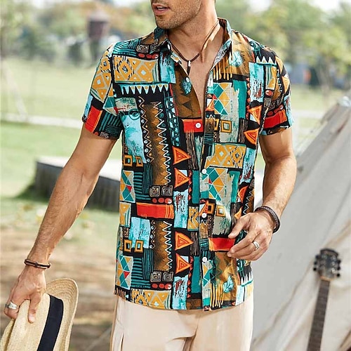 

Homens Camisa Social Camisa havaiana Bloco de cor Estampas Abstratas Vintage Aberto para a Lateral Azul Ao ar livre Rua Manga Curta Imprimir Roupa Moda Roupa de rua Designer Macia