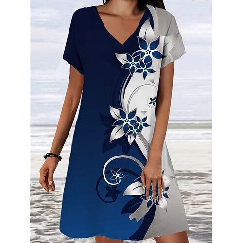 

abito maglione casual da donna abito maglione estivo stampa abito maglione grafica stampa floreale scollo a v mini abito maglione moda moderna vacanza quotidiana manica corta vestibilità ampia blu