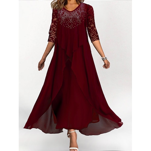

vestito da ospite di nozze delle donne vestito da partito abito di pizzo abito lungo abito maxi vino mezza manica pizzo di colore puro estate primavera autunno scollo a v festa di compleanno ospite di nozze s m l xl 2xl 3xl prevendita