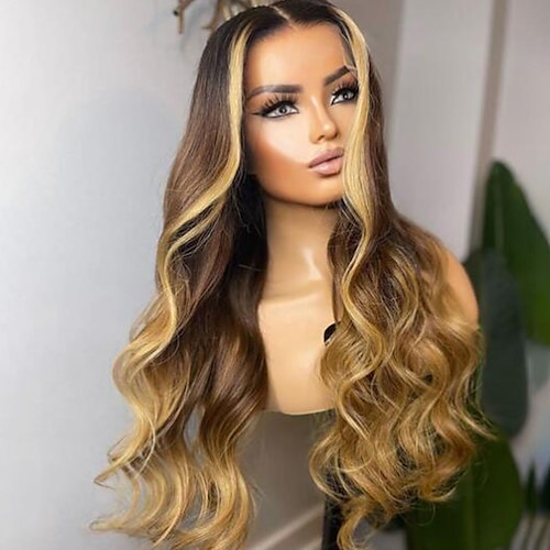 

Ekte remy-hår 13x4 blonder foran Parykk Gratis del Brasiliansk hår Bølget Flerfarvet Parykk 130% 150% Hair Tetthet med baby hår Ombre-hår Hår med highlights 100% Jomfru Med Blekt Knotter Til Dame Lang