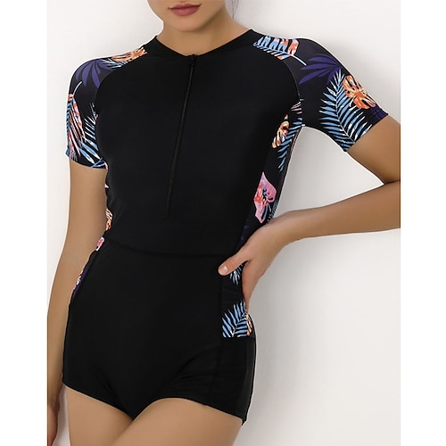

Women's Swimwear Rash Guard Diving Bathing Suits Normal Swimsuit Zipper UV Protection Modest Swimwear Tummy Control Printing Leaf Black Padded Scoop Neck Bathing Suits Sports Vacation Stylish