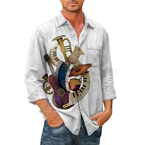 

Homens Camisa Social Estampas Abstratas Instrumento Musical Aberto para a Lateral Cinzento Rua Casual Manga Longa Botão para baixo Imprimir Roupa Moda Roupa de rua Designer Macia