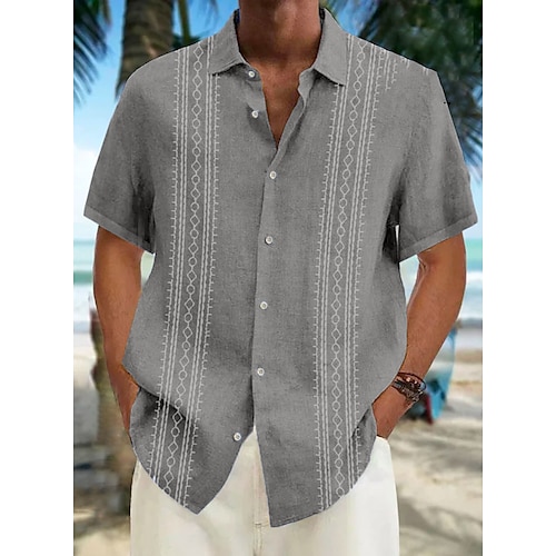 

Men's Guayabera Shirt Casual Shirt Summer Shirt Beach Shirt White Blue Khaki Short Sleeve Striped Lapel Spring & Summer Hawaiian Holiday Clothing Apparel Print