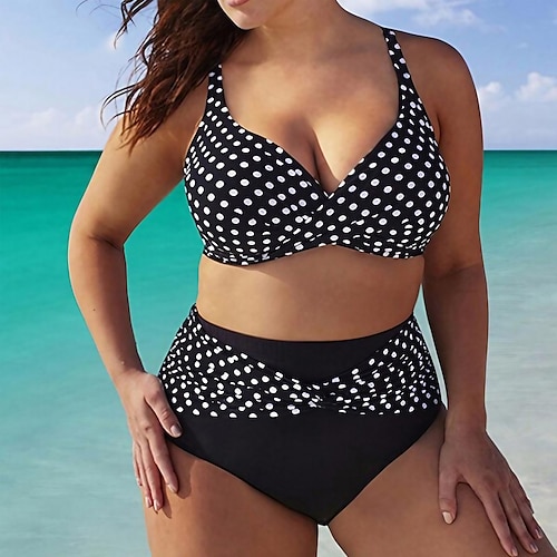 

Women's Swimwear Bikini Plus Size Swimsuit 2 Piece Printing High Waisted Polka Dot Black Bathing Suits Sports Beach Wear Summer