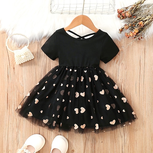 

Bambino Da ragazza Vestito Tinta unica Con cuori Abito estivo Al ginocchio Vestito Scuola Girocollo Manica corta Adorabile Vestito 3-7 anni Estate Nero