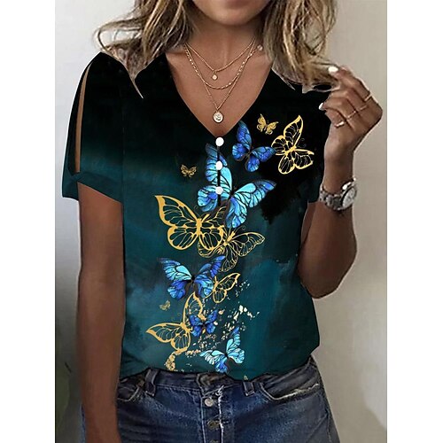 

Mujer Camiseta Azul Marino Azul Piscina Dorado Mariposa Botón Cortado Manga Corta Festivos Fin de semana Básico Escote en Pico Regular Mariposa Pintura S