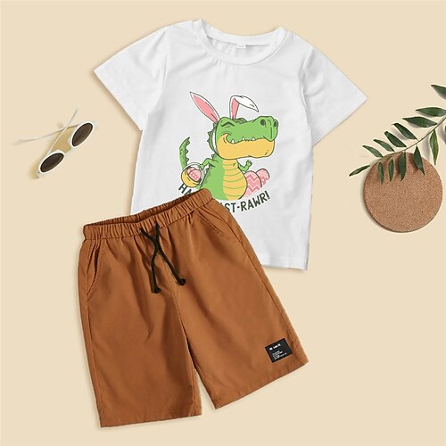 

2 pezzi Bambino (1-4 anni) Da ragazzo Pasqua T-shirt e pantaloncini Vestito Alfabetico Dinosauro Coniglietto Manica corta Girocollo Impostare Esterno Adorabile Giornaliero Estate 7-13 anni Multicolore