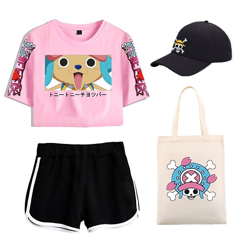 

4 piezas de una pieza tony tony chopper shorts estampados crop top gorras de béisbol bolsas de lona conjunto camiseta shorts conjuntos conjuntos para mujeres trajes de adultos que combinan deportes