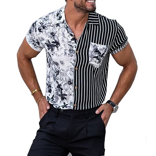 

Herren Hemd Hawaiihemd Sommerhemd Blumen Gestreift Grafik-Drucke Umlegekragen Schwarz Outdoor Strasse Kurze Ärmel Button-Down Bedruckt Bekleidung Tropisch Modisch Hawaiianisch Designer