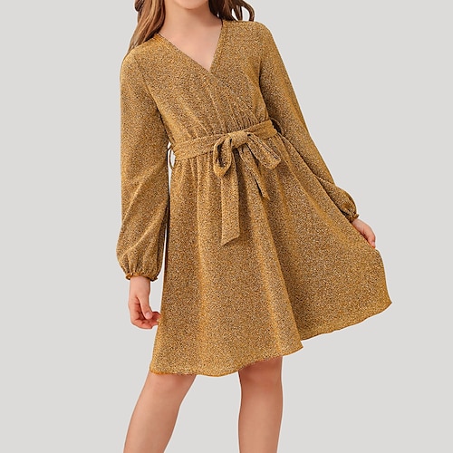 

Bambino Da ragazza Vestito Tinta unica Sopra il ginocchio Vestito Esterno Lacci A V Manica lunga Di tendenza Vestito 7-13 anni Primavera Oro