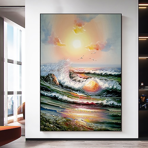 

Handmade Oil Painting Canvas Wall Art Decor Original Green Ocean Waves Painting Abstract Seascape Painting for Home Decor With Stretched Frame/Without Inner Frame Painting