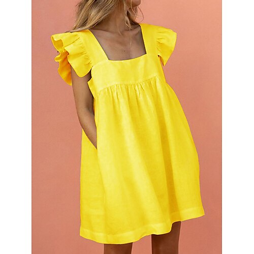 

Per donna Abito in cotone e lino Abito casual Vestito a trapezio Mini abito Misto cotone Di tendenza Essenziale Esterno Giornaliero Squadrata Increspato Con balze Senza maniche Estate Primavera 2023