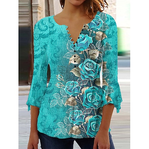 

Chemise Chemisier Femme Blanche bleu marine Bleu Graphic Floral Bouton Imprimer Manches 3/4 Vacances Fin de semaine basique Col Rond Normal Standard Fleur Papillon S