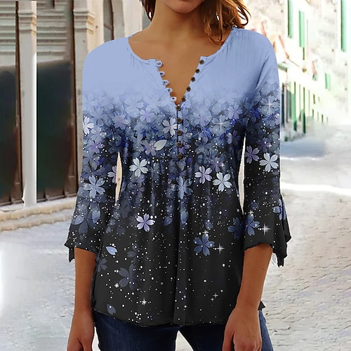 

Damen Hemd Bluse Gelb Rosa Blau Blumen Taste Bedruckt 3/4 Ärmel Festtage Wochenende Basic Rundhalsausschnitt Standard Blume S