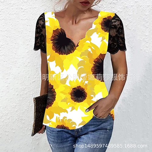 

T shirt Tee Femme Noir Blanche Jaune Floral Papillon Imprimer Manche Courte Vacances Fin de semaine basique Col V Normal Standard Fleur Papillon Peinture S