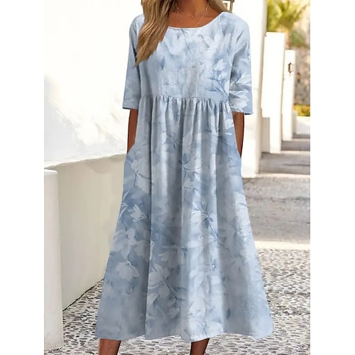 

Dame Uformell kjole Sommerkjole Print kjole Blad Rynket Lomme Crew-hals Midikjole Mote Moderne Daglig Feriereise Kortermet Løstsittende Lyseblå Sommer Vår S M L XL XXL