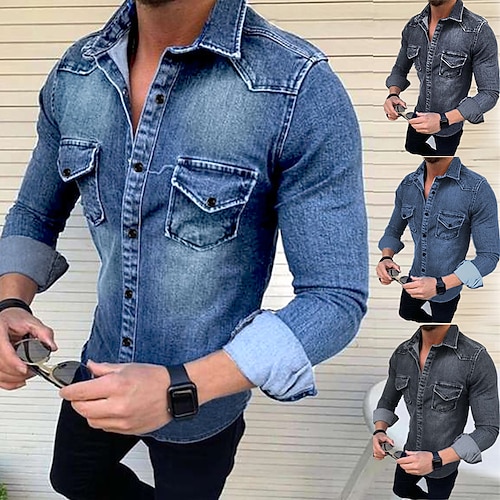 

Homme Chemise en jean Noir Bleu Roi Bleu manche longue Couleur unie Col Printemps Automne Plein Air du quotidien Vêtement Tenue Bouton bas