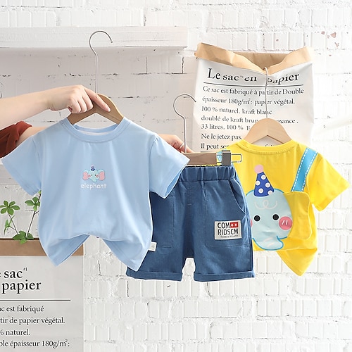 

2 deler Baby Gutt T-skjorter og shorts Antrekk Dyr Kortermet Crewneck Sett utendørs Mote Daglig Sommer Vår 3-7 år Lyseblå Gul