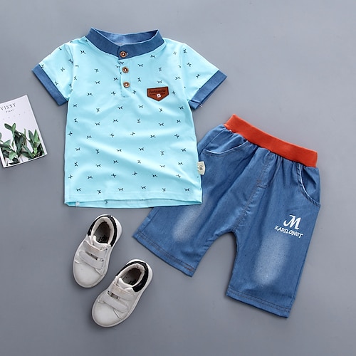 

2 Dele Baby Drenge T-shirt & Shorts Outfit Grafisk Kortærmet Sæt Skole Yndig Daglig Forår 3-7 år Lyseblå Hvid Grøn