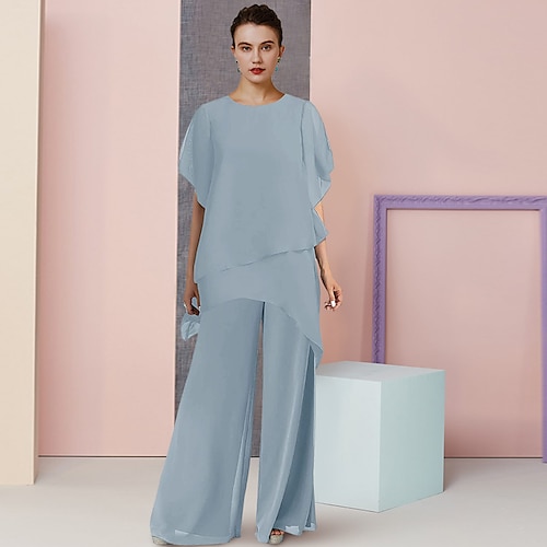 

Todelt Pantsuit Kjole til brudens mor Bryllupsgæst Plusstørrelse Elegant Scoop hals Gulvlang Chiffon Kortærmet med Helfarve 2023