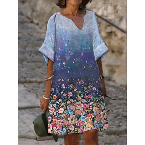 

Dame Uformell kjole Sommerkjole Print kjole Blomstret Drapering Trykt mønster V-hals Midikjole Mote Moden utendørs Gate Halvlange ermer Løstsittende Blå Sommer Vår S M L XL XXL