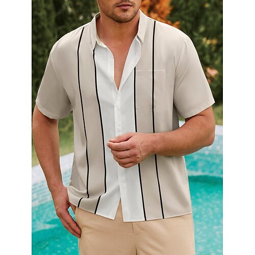 

Men's Shirt Summer Hawaiian Shirt Striped Graphic Prints Turndown Blue Khaki Outdoor Street Short Sleeves Button-Down Print Clothing Apparel Tropical Fashion Hawaiian Designer