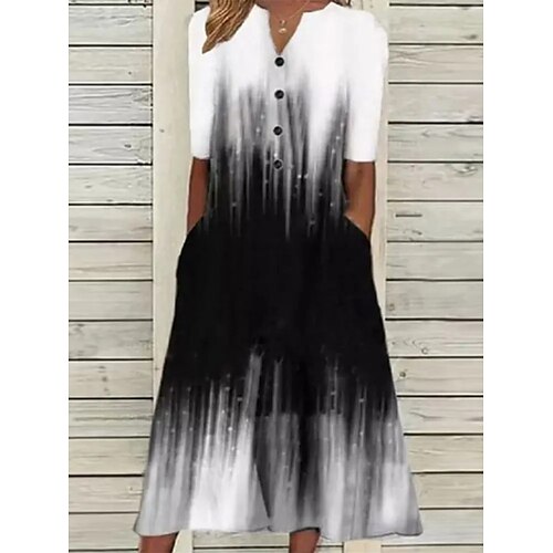 

Dame Uformell kjole Swingkjole Print kjole Nyanse Knapp Lomme V-hals Midikjole Aktiv Mote Daglig Ferie Kortermet Løstsittende Svart og Hvit Sommer Vår S M L XL XXL