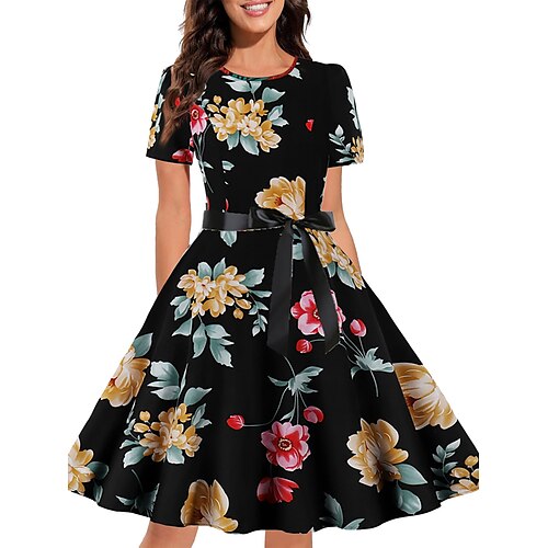 

Dame Årgang Elegant Vintage kjole Midikjole udendørs Daglig Krøllede Folder Sløjfer Blad Rund Hals Kortærmet Regulær Sommer Forår 2023 Sort Hvid S M L XL