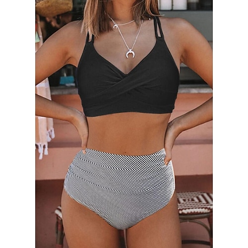 

Women's Swimwear Bikini Normal Swimsuit 2 Piece High Waisted Striped Black Bathing Suits Sports Beach Wear Summer