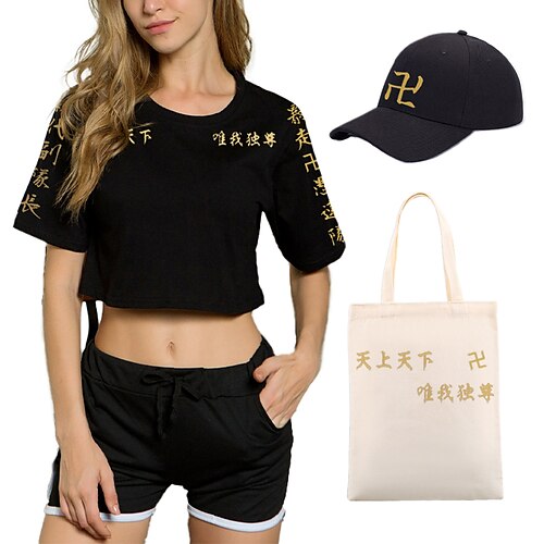 

4 pièces tokyo revengers short imprimé crop top casquettes de baseball ensemble de sacs fourre-tout en toile draken mikey tee t-shirt shorts ensembles coordonnés pour les tenues des femmes