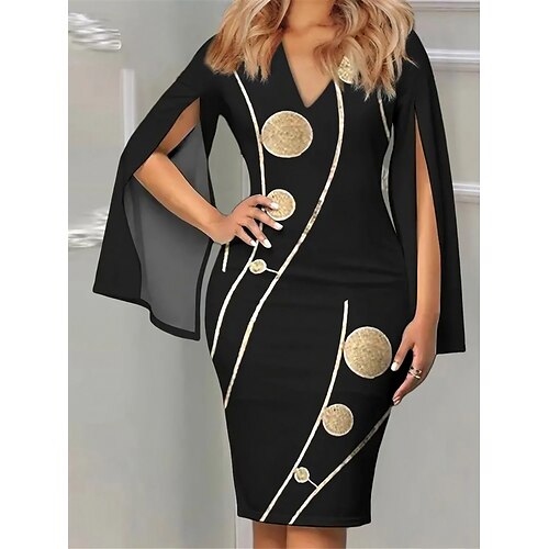 

abito da donna per ospiti di nozze abito da festa abito da cocktail abito midi nero manica lunga stampa geometrica primavera autunno inverno scollo a v festa in ufficio abito estivo s m l xl 2xl 3xl